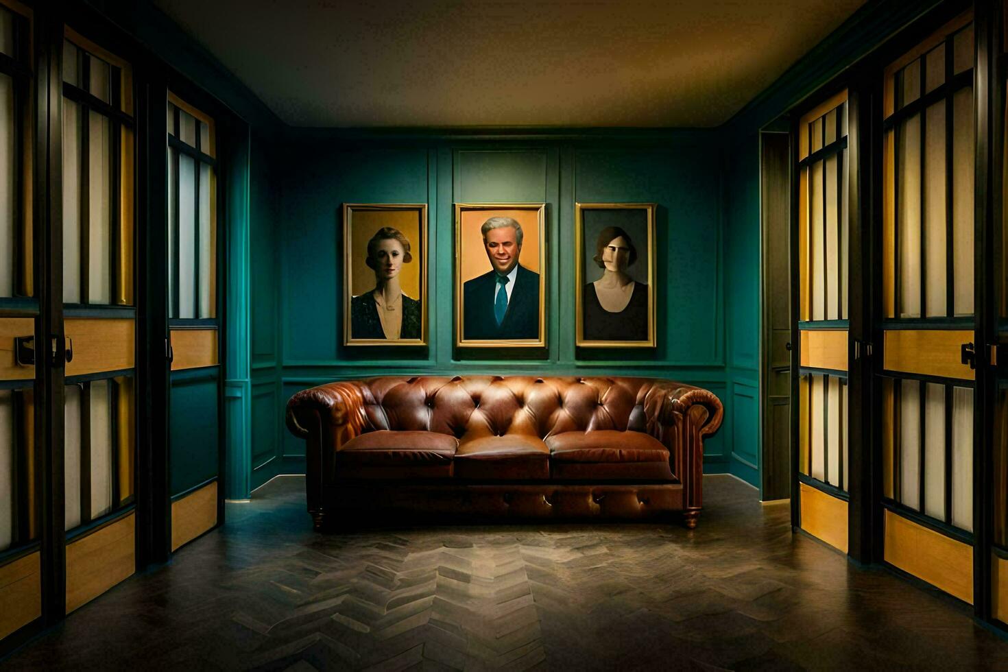 a room with a leather couch and two paintings. AI-Generated photo