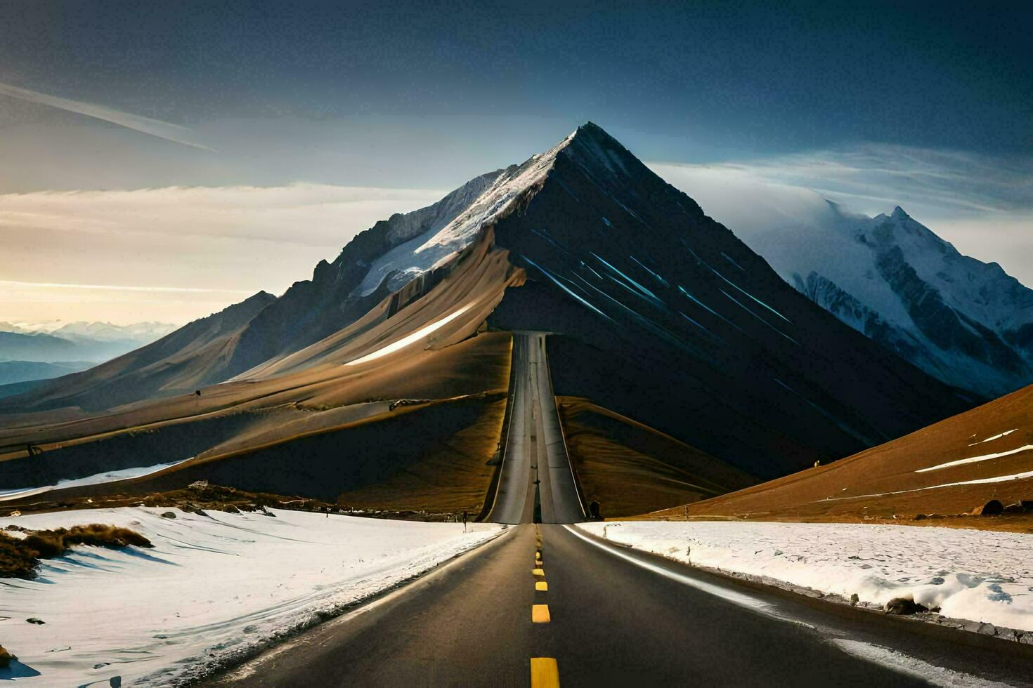 a road leading to a mountain range. AI-Generated photo