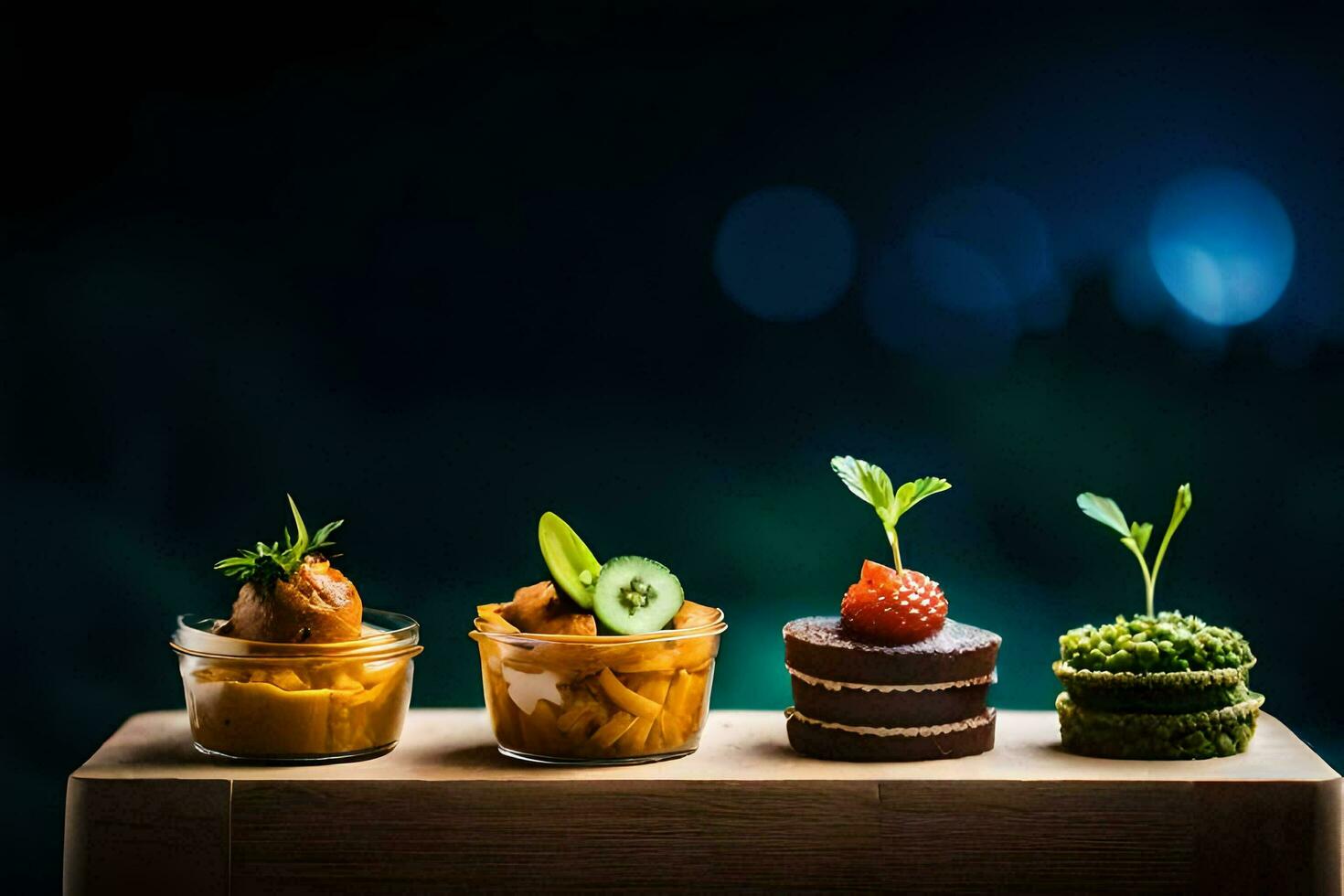 four desserts in small jars on a wooden table. AI-Generated photo