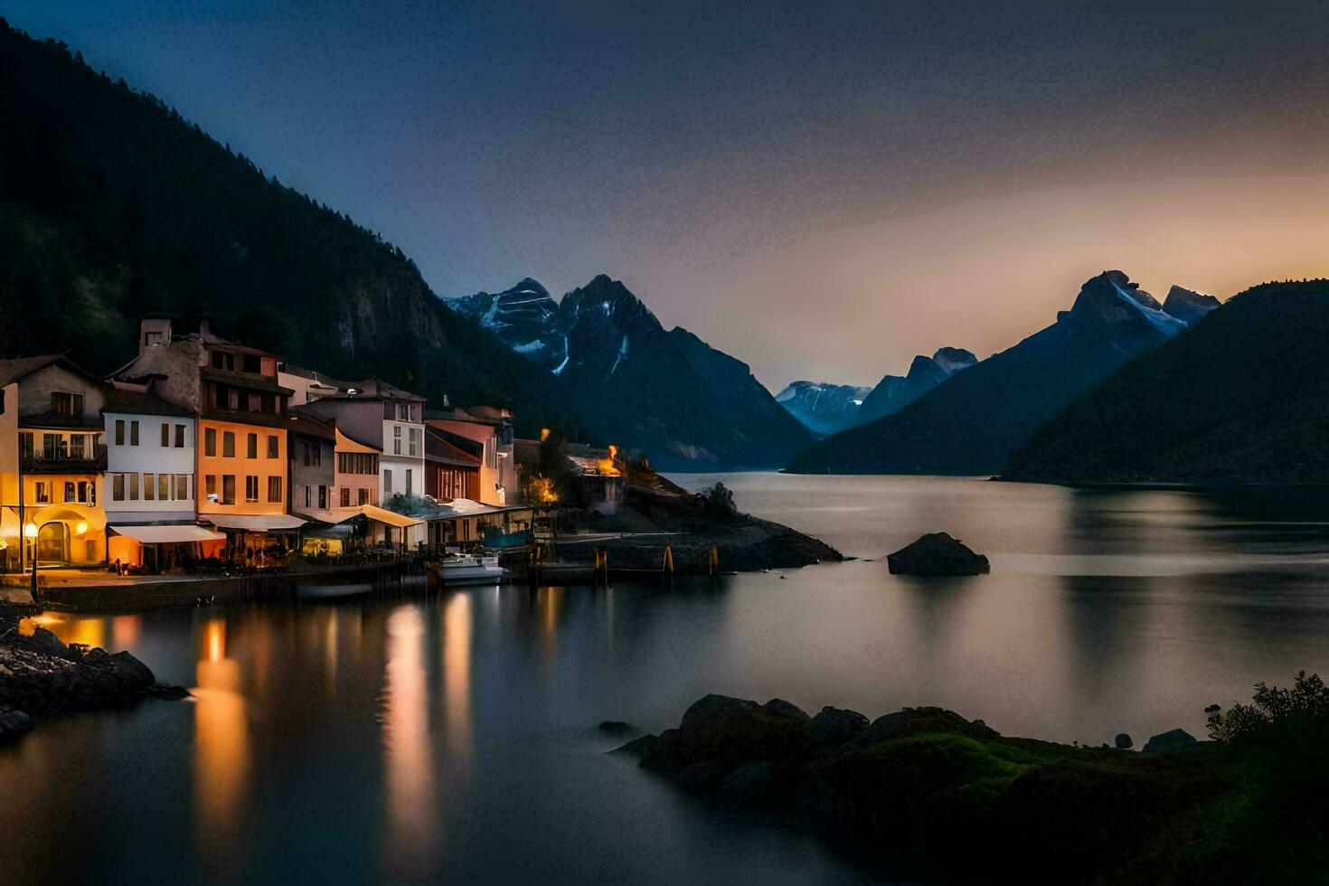 un pueblo se sienta en el apuntalar de un lago a oscuridad. generado por ai foto