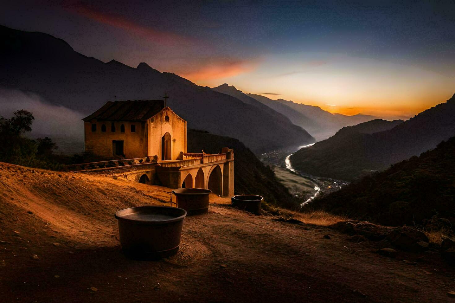 el Dom conjuntos terminado un pequeño Iglesia en el montañas. generado por ai foto