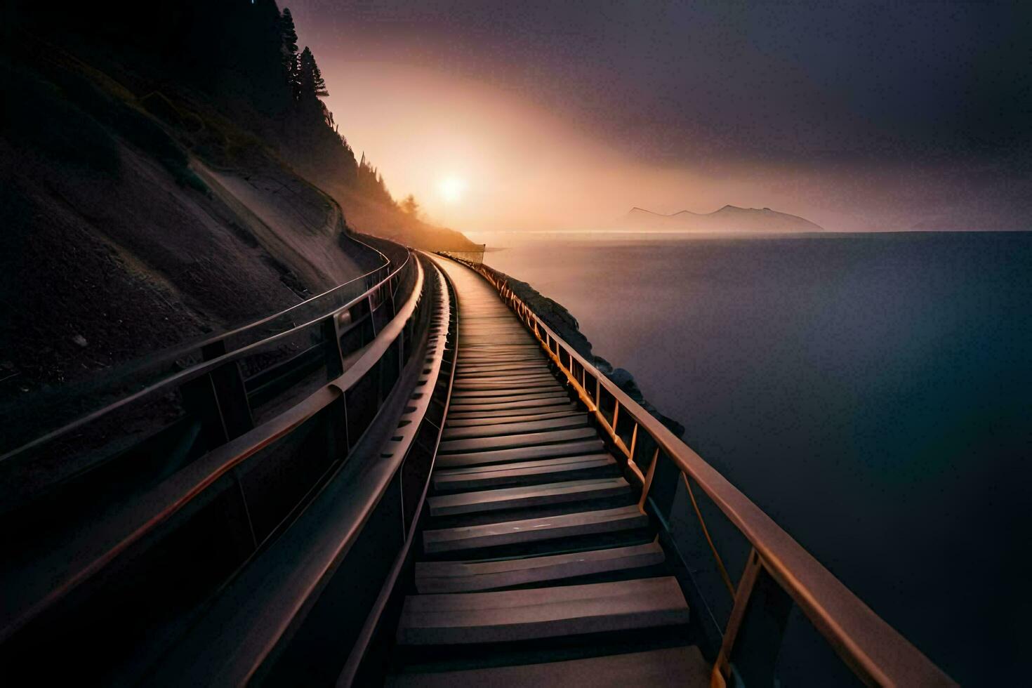 a long wooden walkway leads to the ocean at sunset. AI-Generated photo