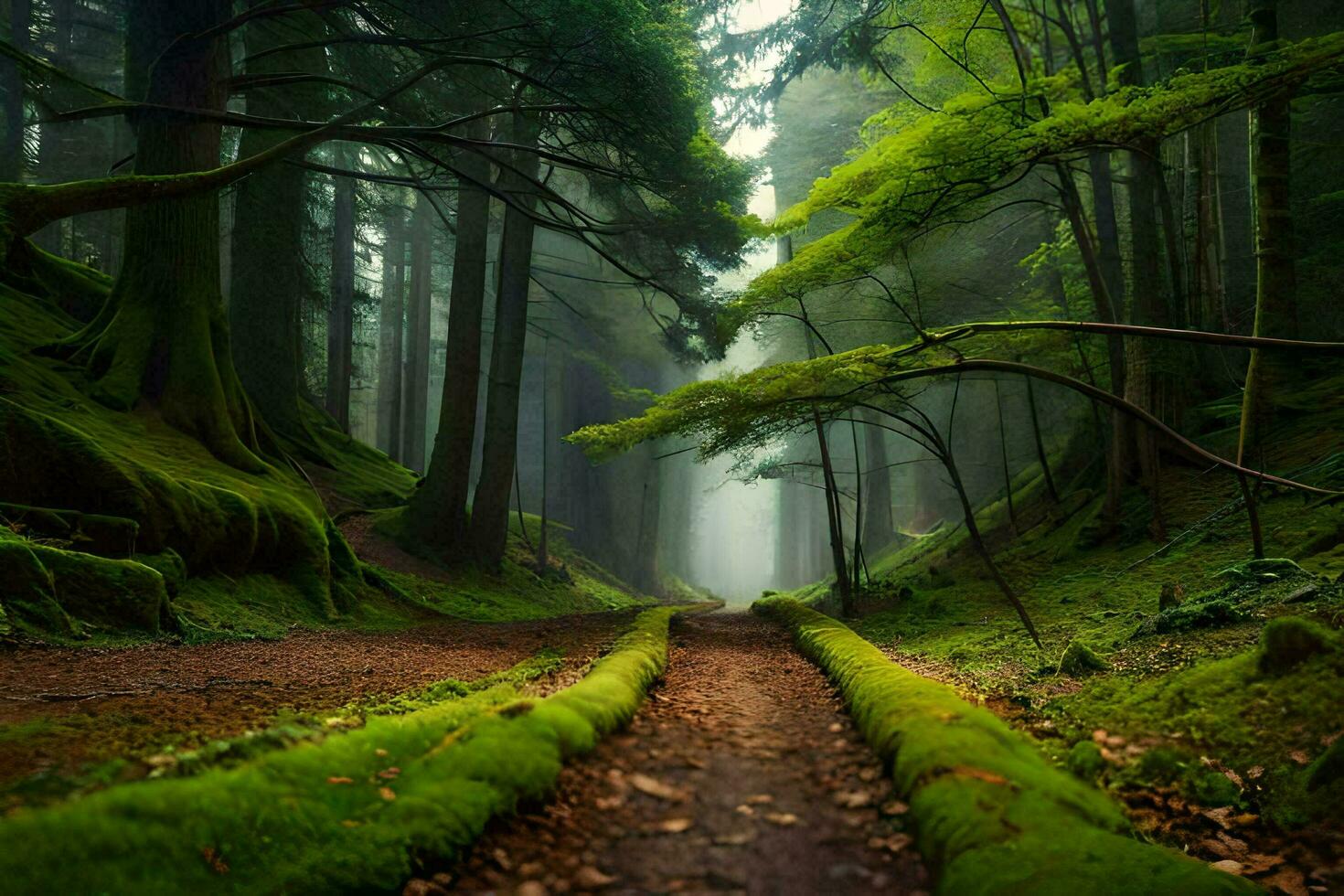 a path through a forest with trees and moss. AI-Generated photo