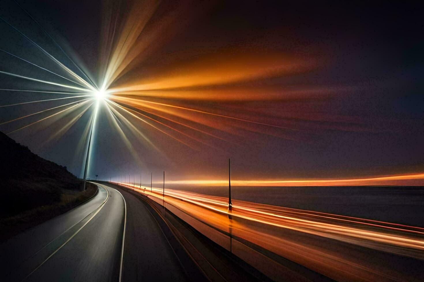 a long exposure photograph of a highway at night. AI-Generated photo
