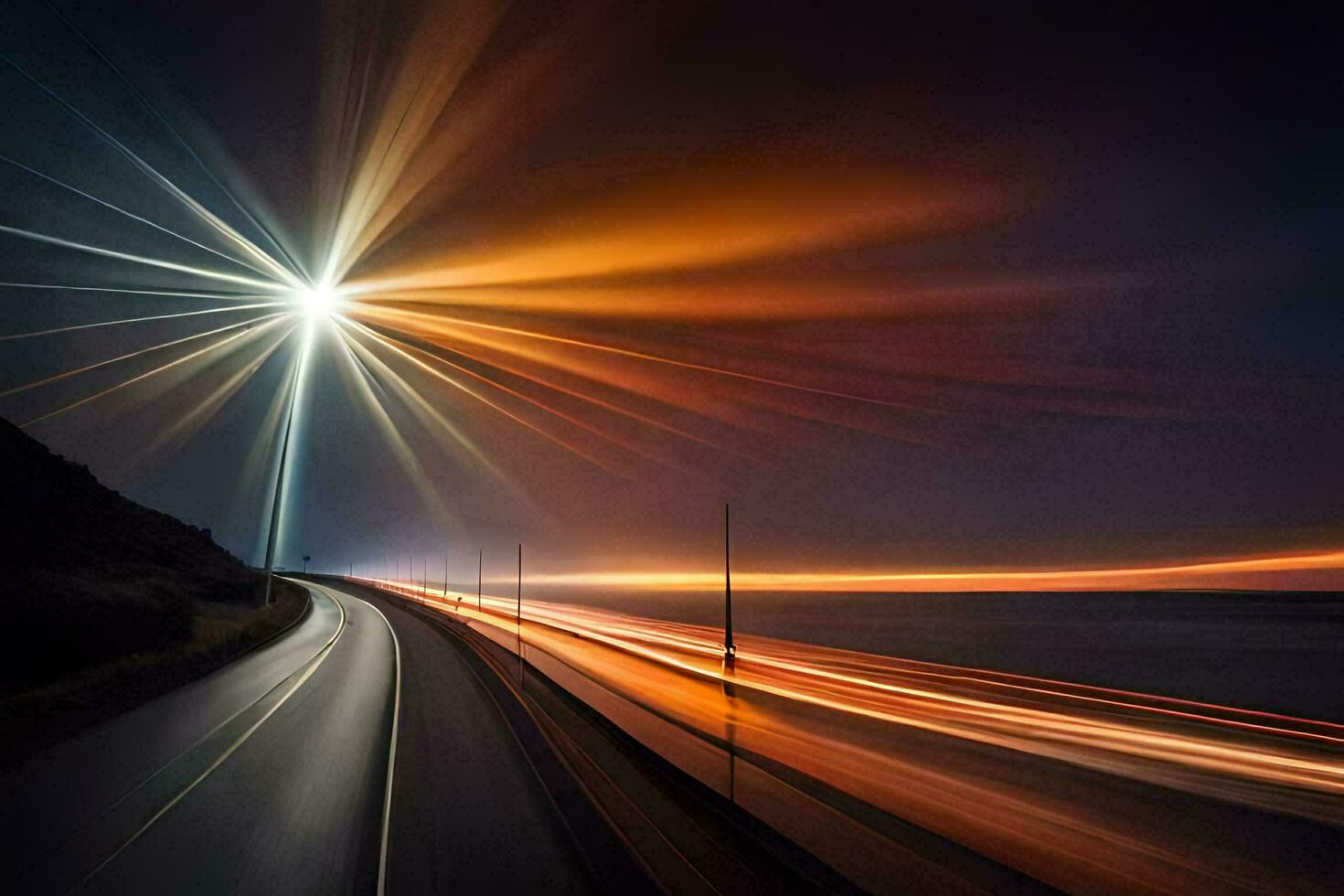 un largo exposición fotografía de un autopista a noche. generado por ai foto