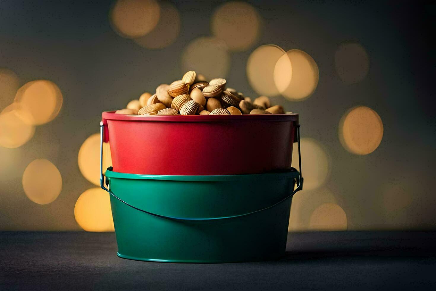 a bucket of peanuts on a table with a bokeh background. AI-Generated photo