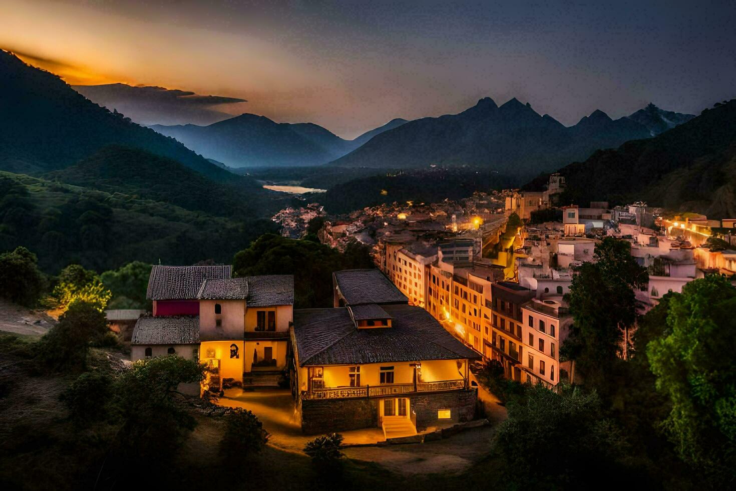 foto fondo de pantalla el cielo, montañas, el ciudad, el aldea, el atardecer, el montañas,. generado por ai