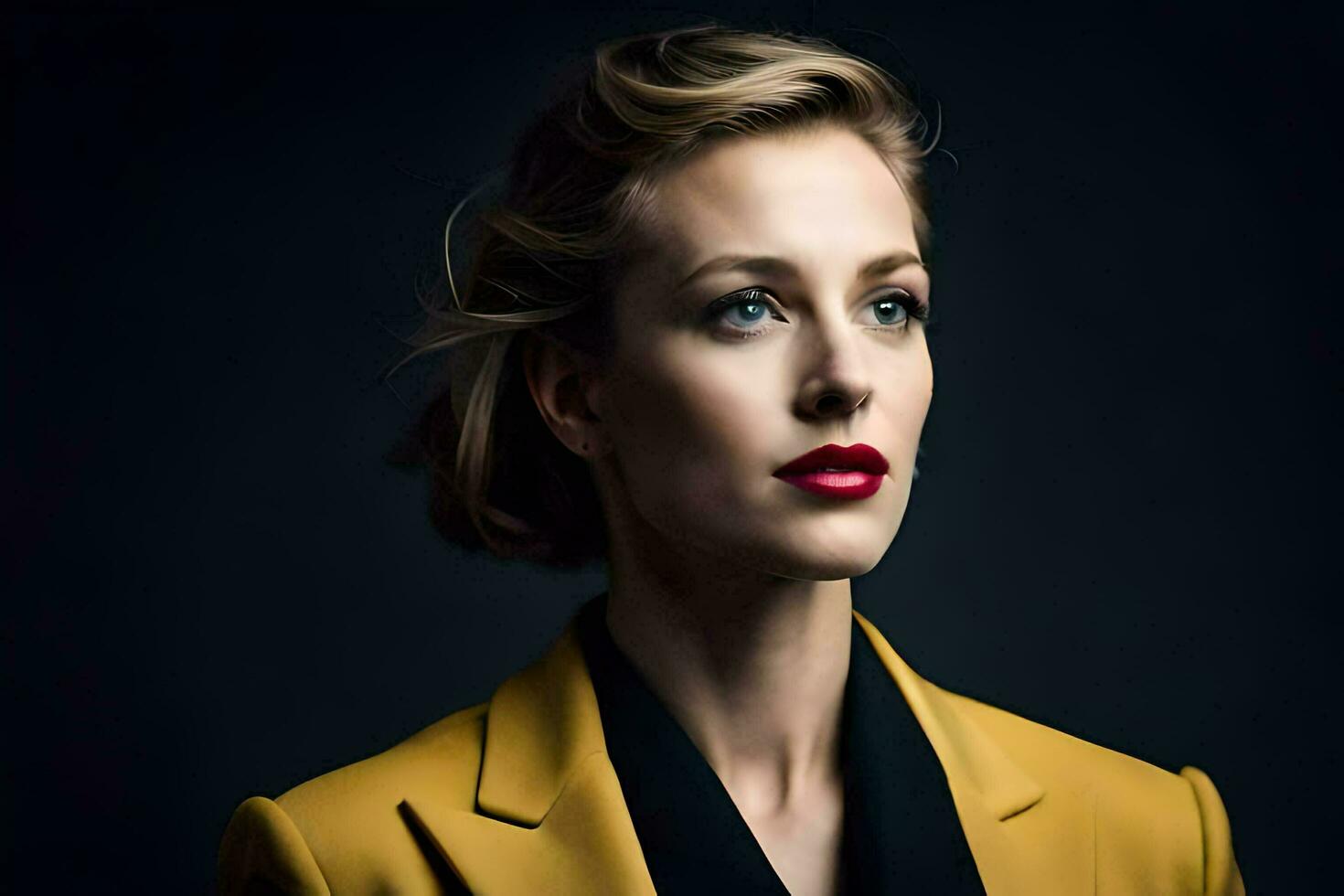 un mujer en un amarillo traje y negro camisa. generado por ai foto