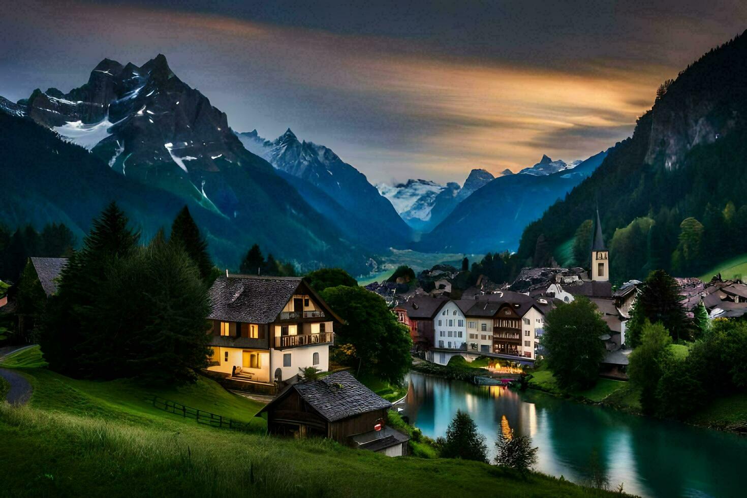 a beautiful village in the mountains at sunset. AI-Generated photo