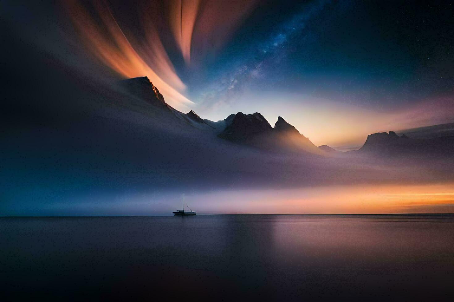 a boat is in the middle of a lake at night. AI-Generated photo