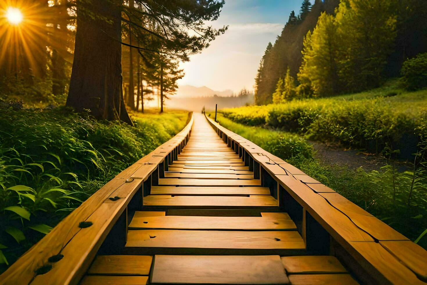 a wooden walkway in the middle of a field. AI-Generated photo