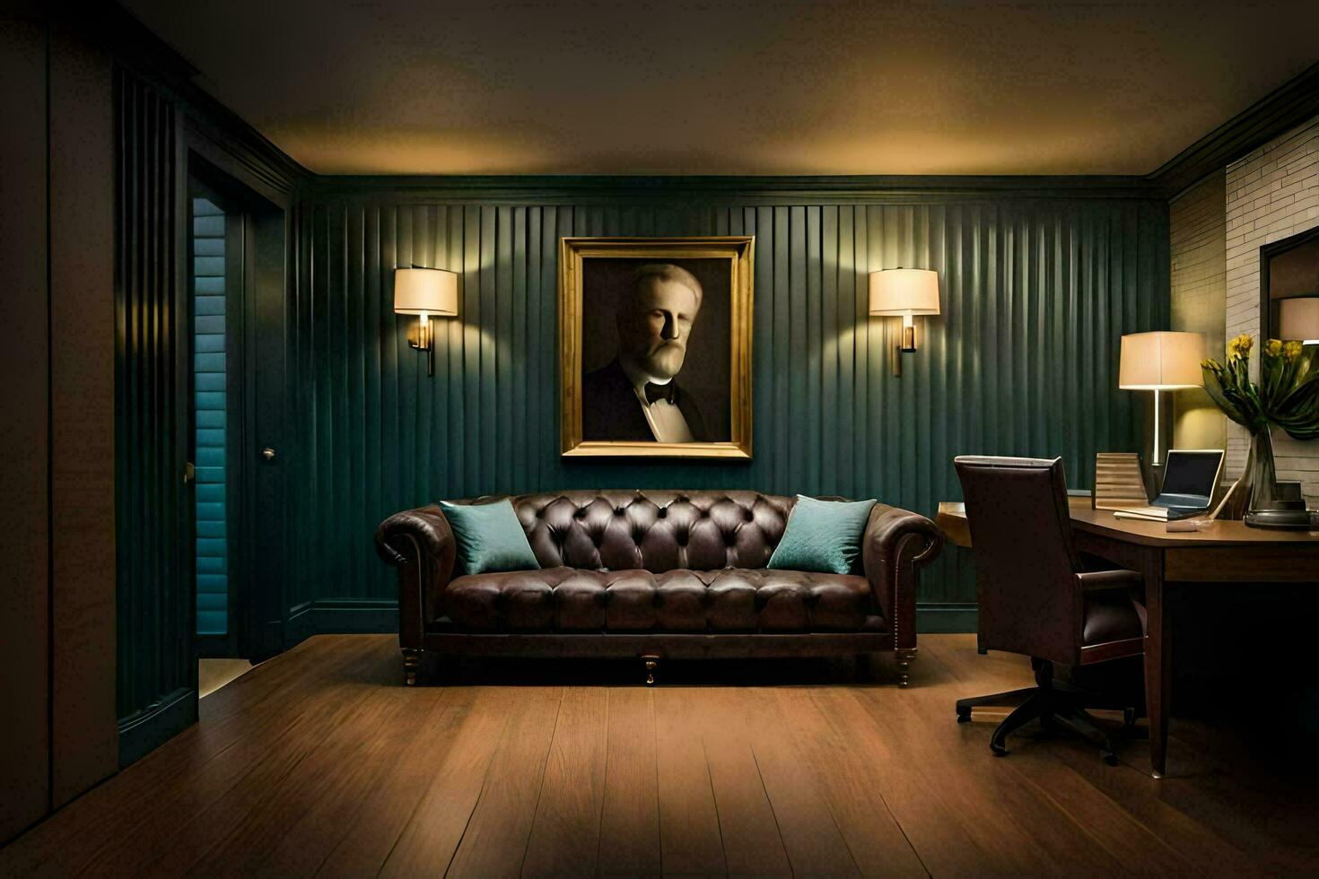 the room has a leather couch and a painting on the wall. AI-Generated photo
