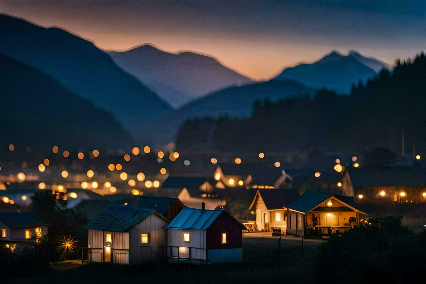 photo wallpaper the sky, mountains, lights, the night, the village, the lights, the. AI-Generated