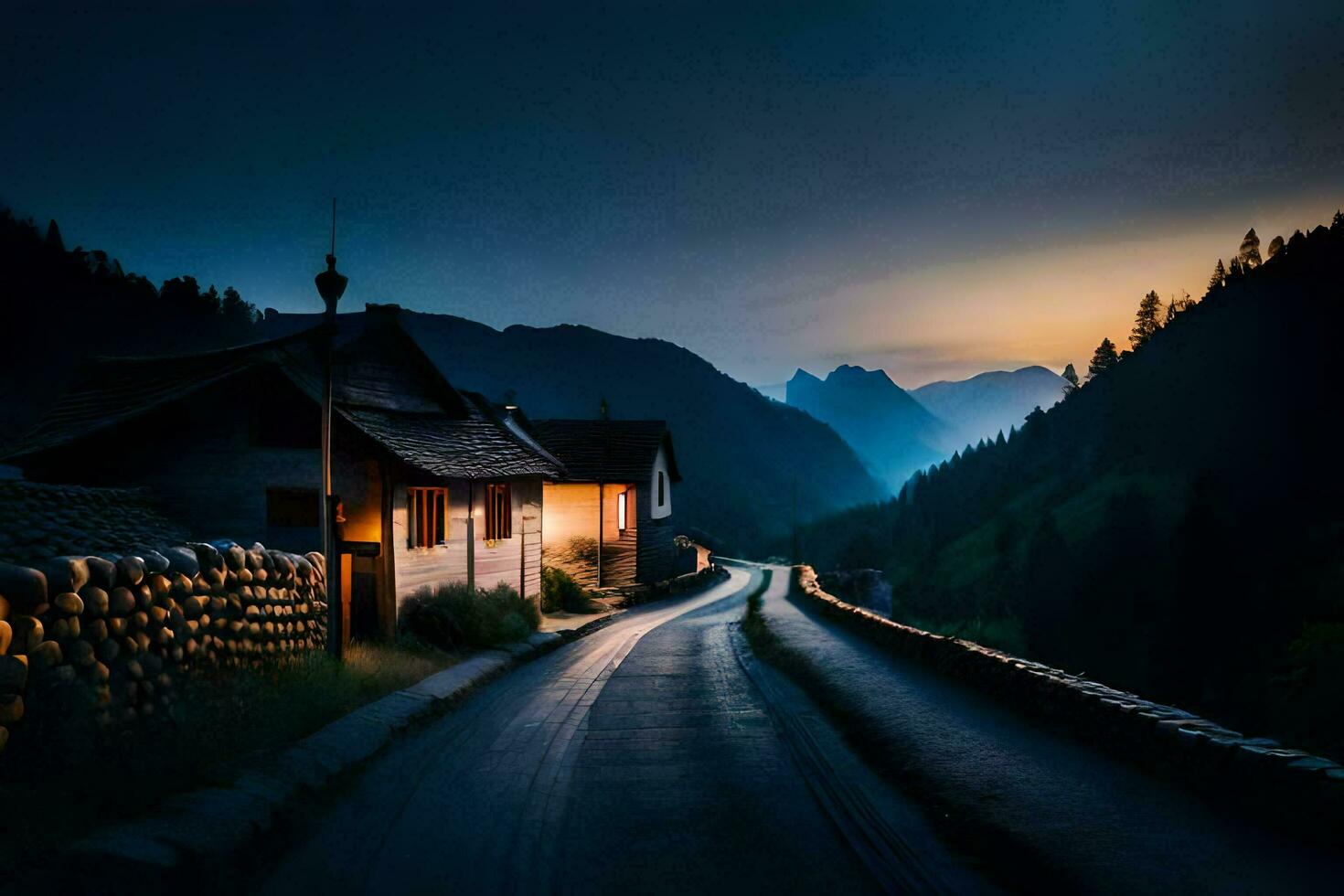 a road in the mountains at sunset. AI-Generated photo