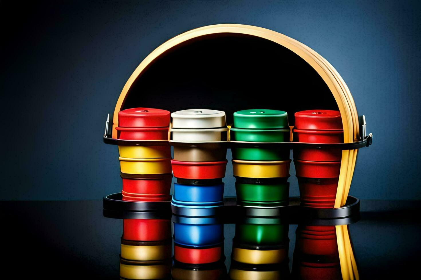 a set of colorful cups on a black surface. AI-Generated photo