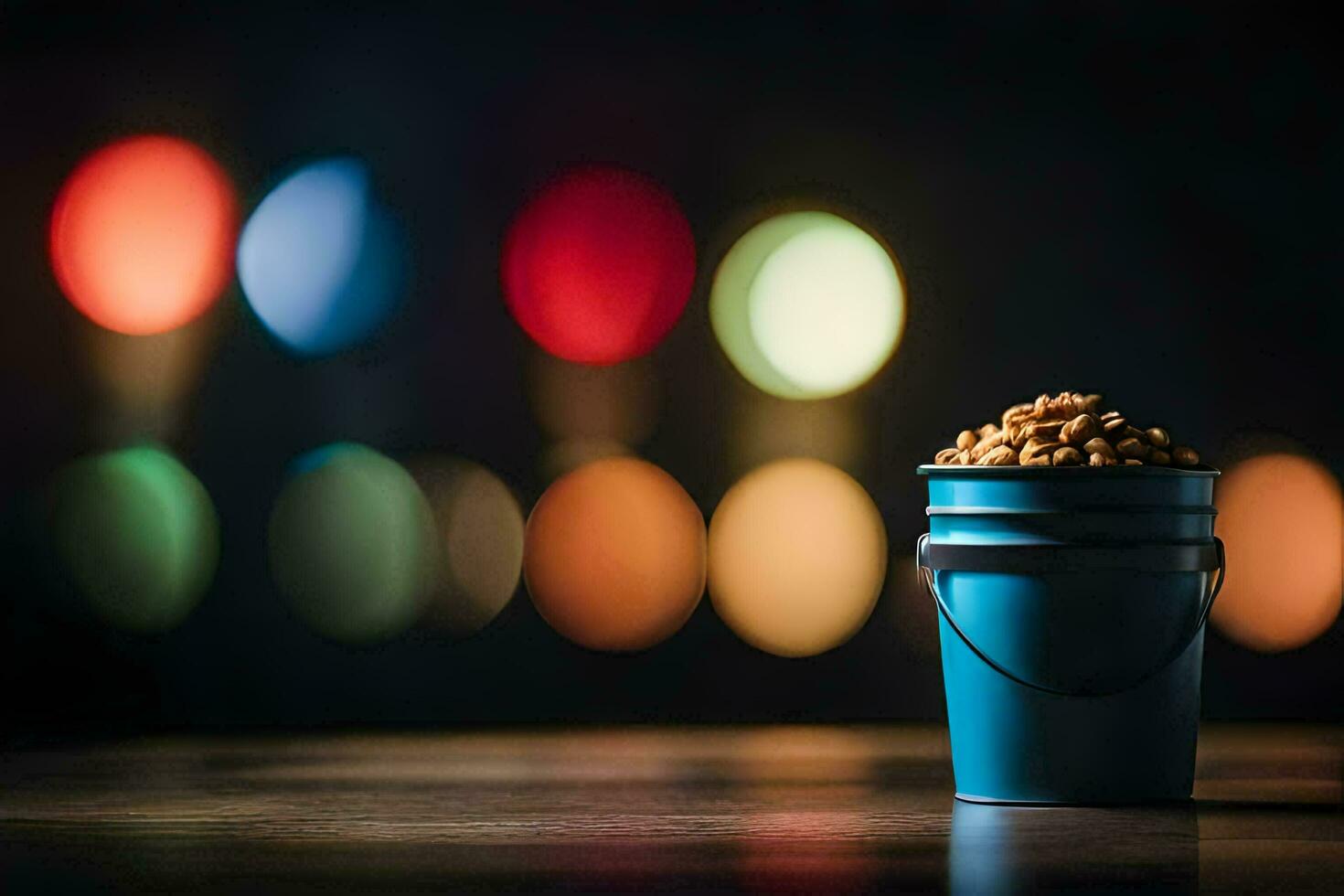 a blue bucket filled with peanuts on a table in front of a blurred background. AI-Generated photo
