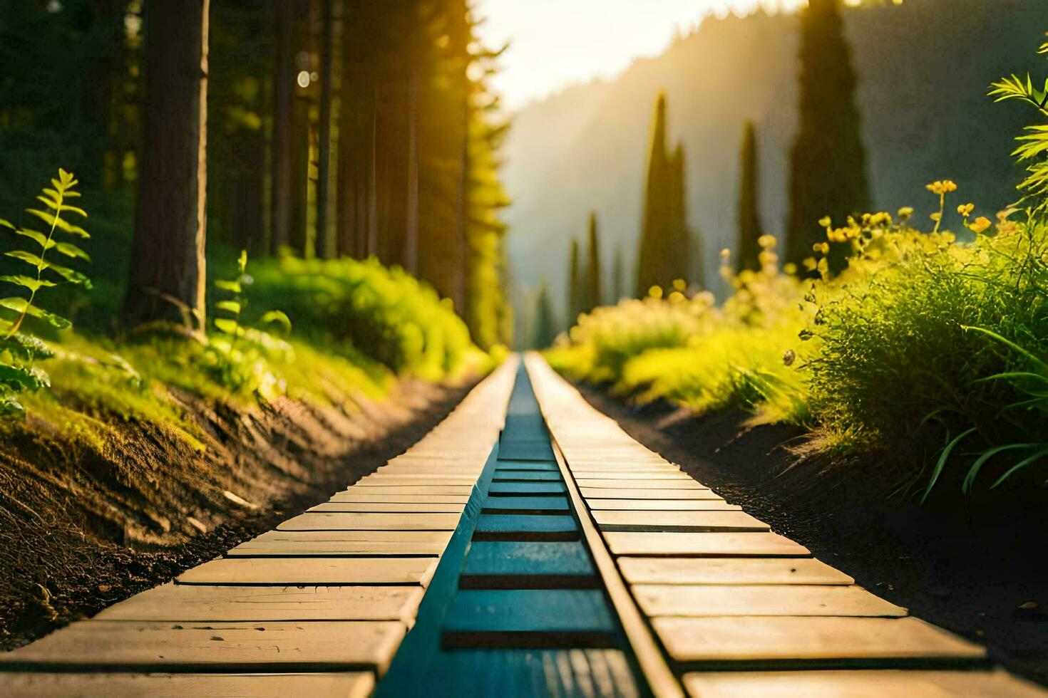 a wooden track in the middle of a forest. AI-Generated photo