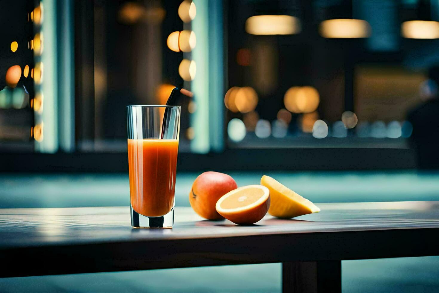 a glass of orange juice on a table. AI-Generated photo