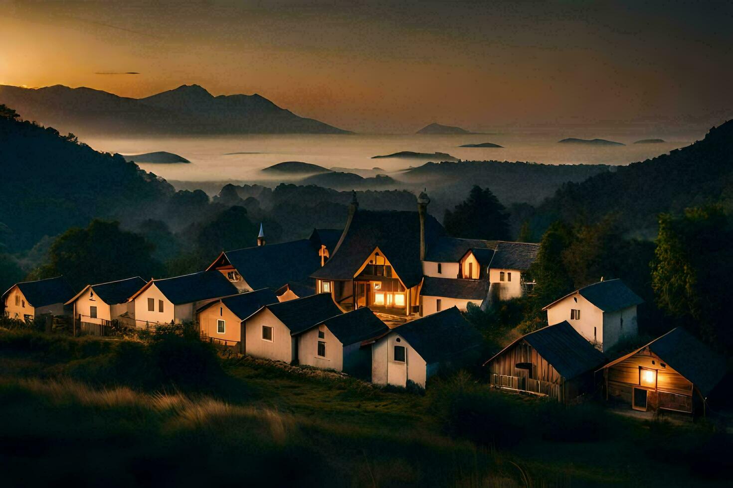 a village in the mountains at sunset. AI-Generated photo