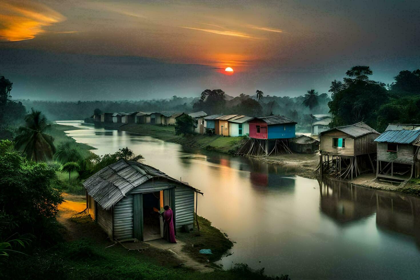 a river and some houses in the sunset. AI-Generated photo