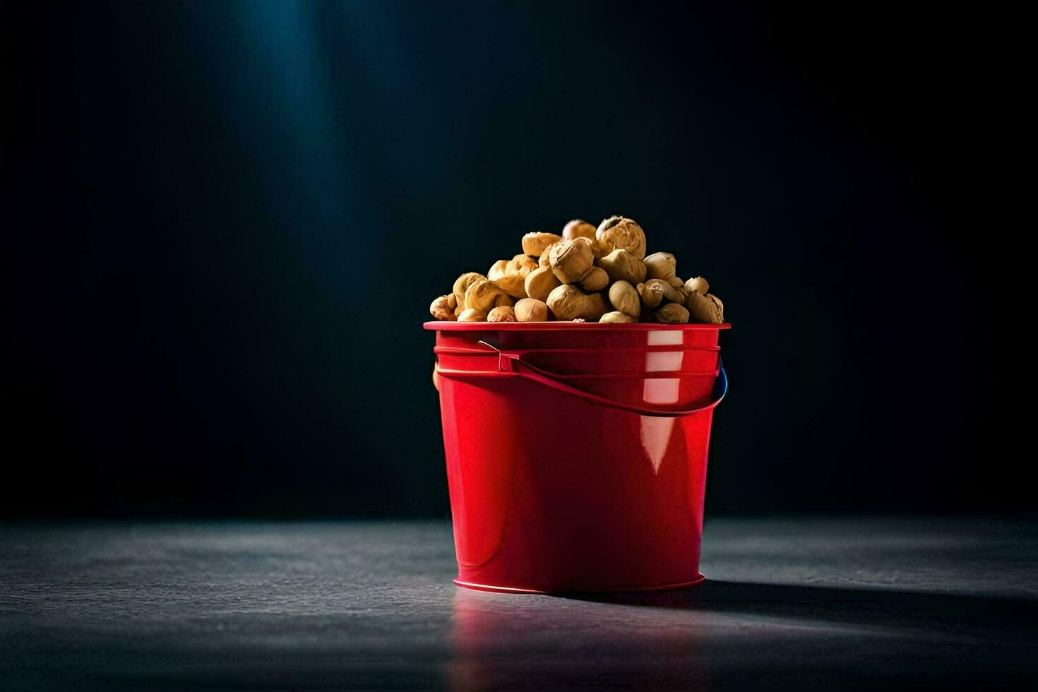 a red bucket filled with peanuts on a dark background. AI-Generated photo