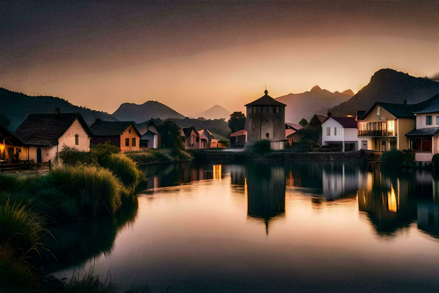 a river and houses in the mountains at sunset. AI-Generated photo