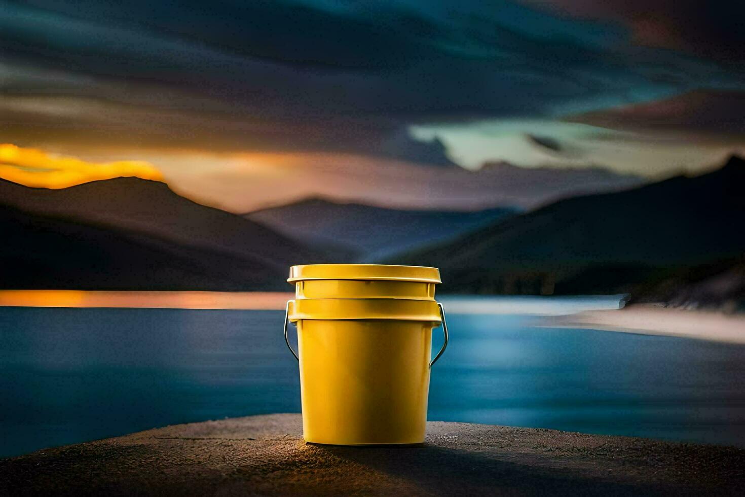 a yellow bucket sits on the edge of a lake at sunset. AI-Generated photo