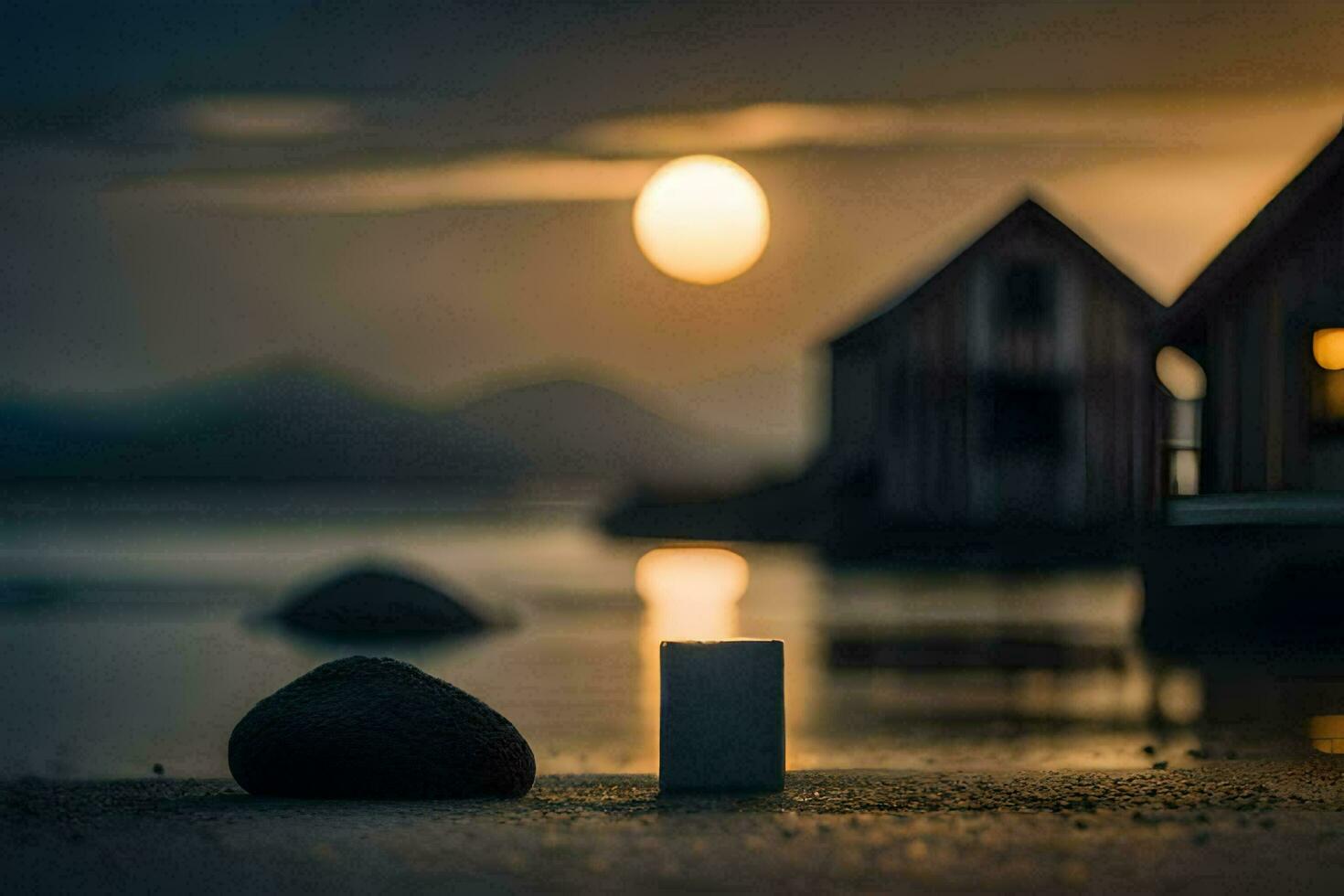 a house and a rock sitting on the beach at night. AI-Generated photo