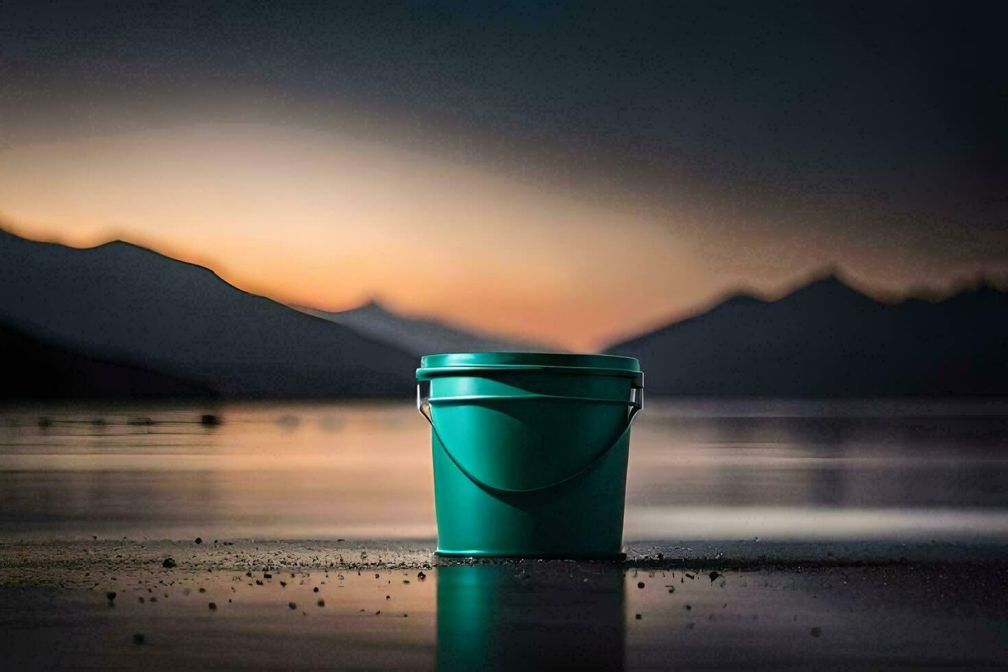 a green bucket sitting on the beach at sunset. AI-Generated photo