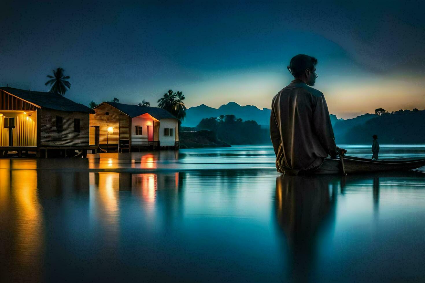 a man sits on a boat in front of houses at night. AI-Generated photo