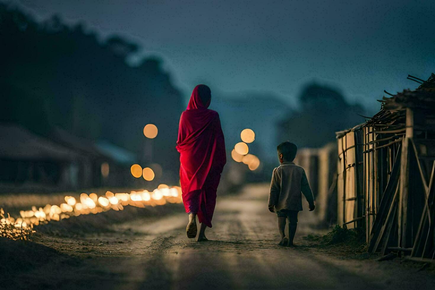 a woman and child walking down a road at night. AI-Generated photo