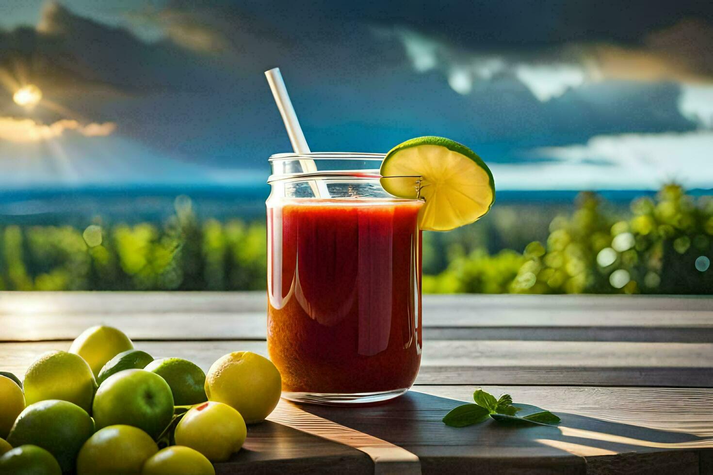 a glass of juice with lime and green fruit. AI-Generated photo