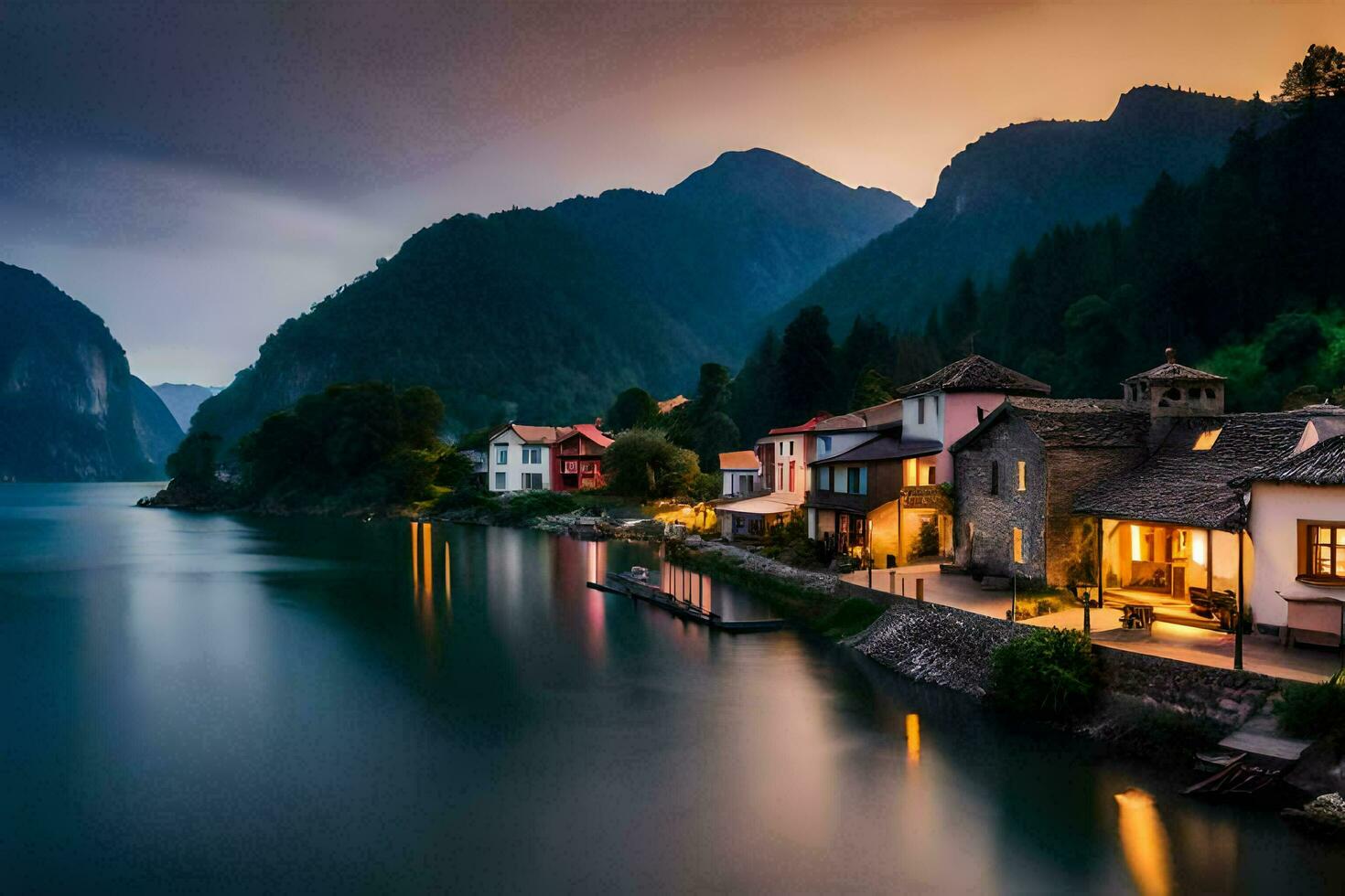 a beautiful sunset over a lake and houses. AI-Generated photo