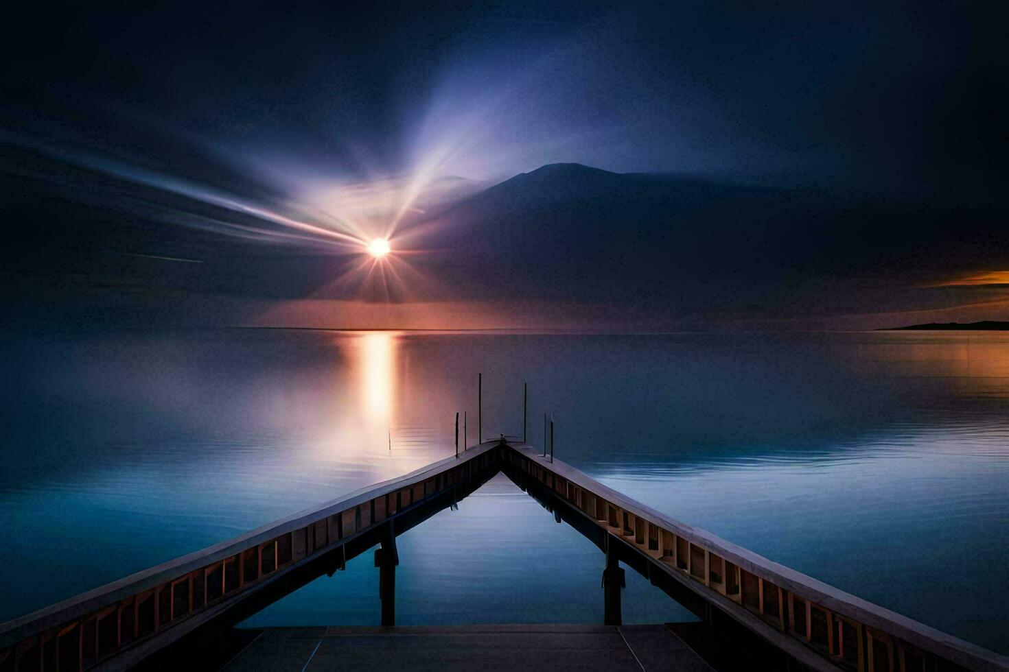 a pier in the middle of a lake with the sun shining. AI-Generated photo