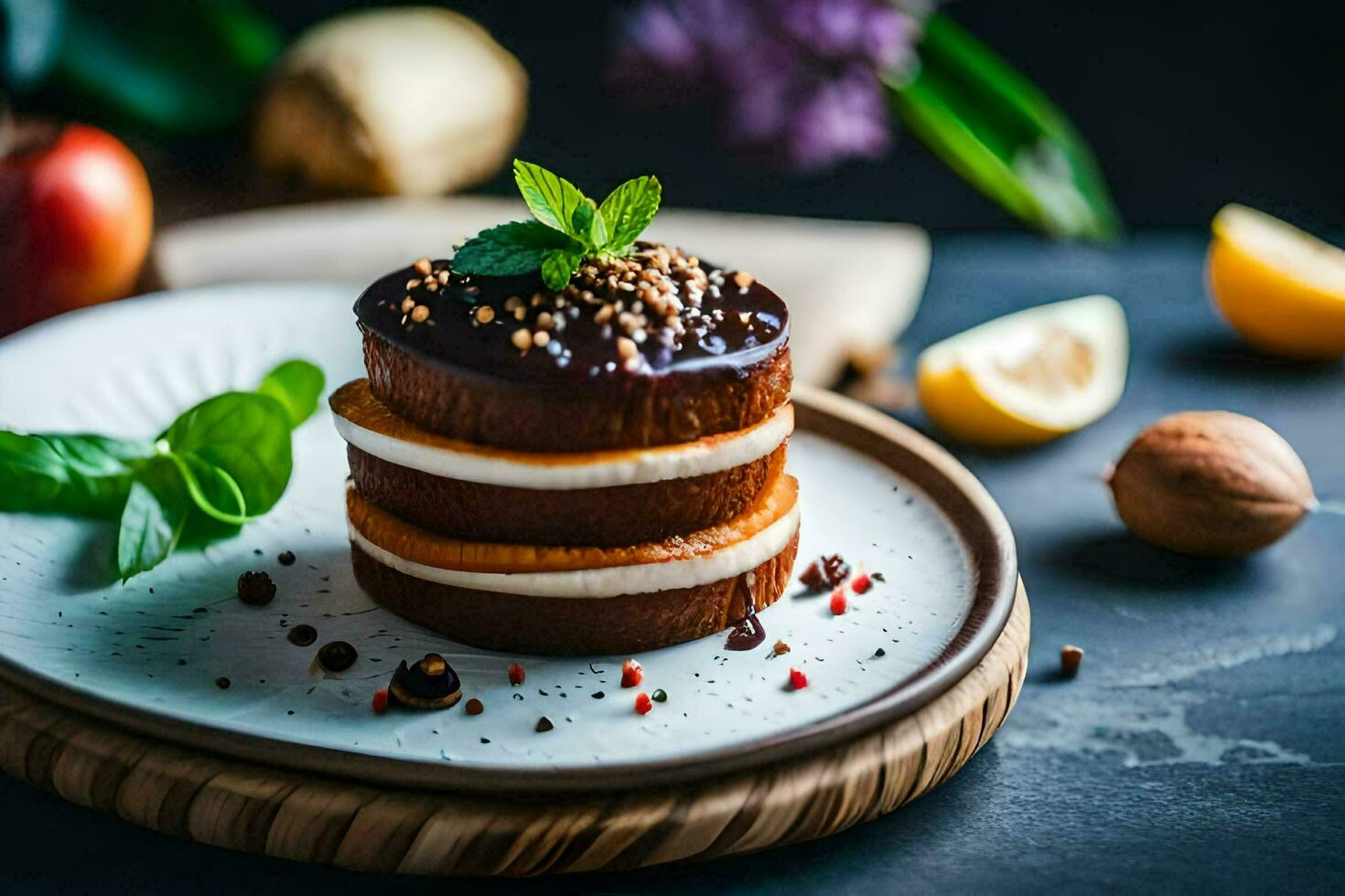 un apilar de pasteles en un lámina. generado por ai foto