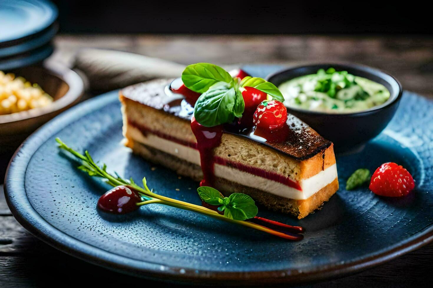 a piece of cheesecake with berries and a sauce. AI-Generated photo