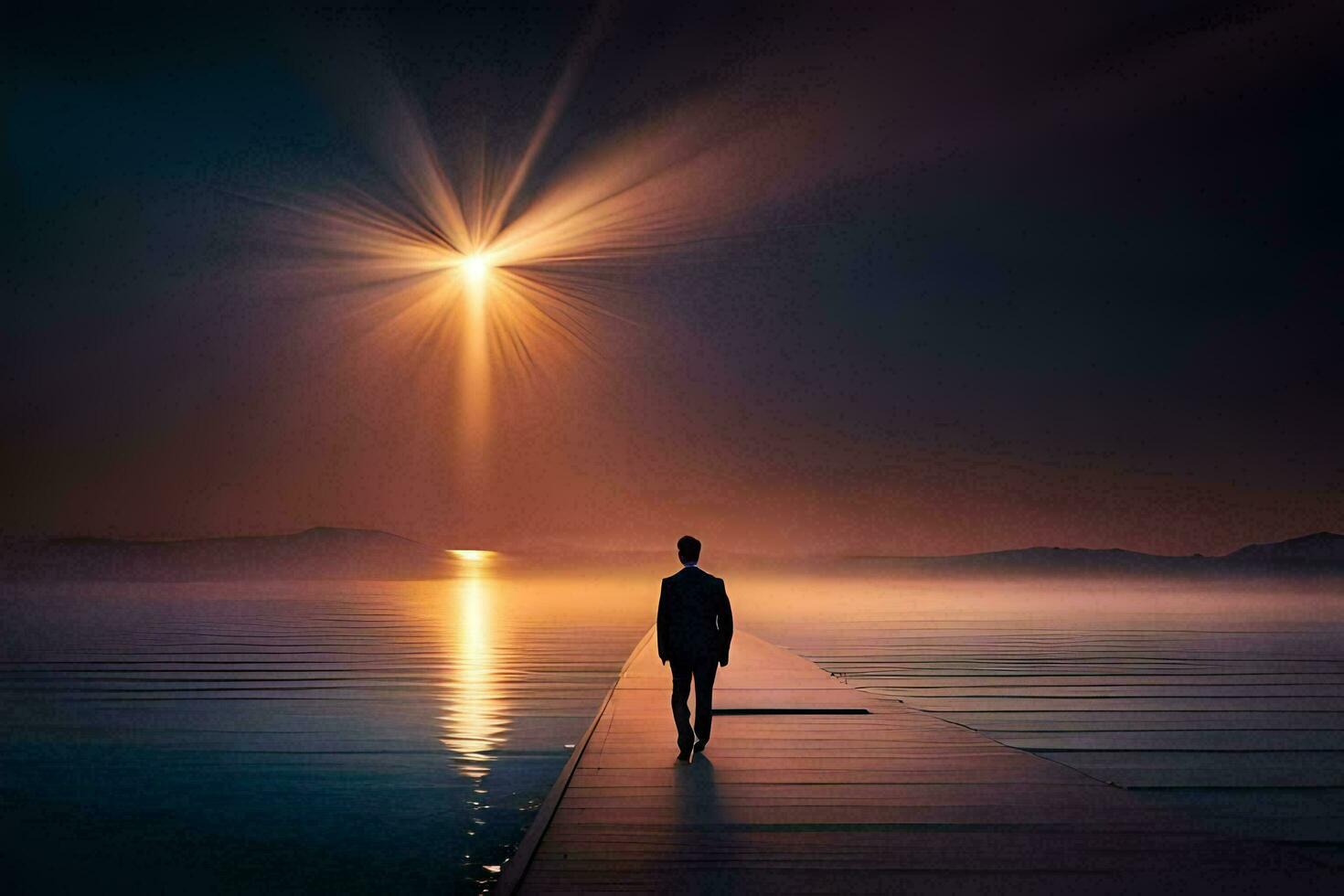 a man stands on a pier looking at the sun. AI-Generated photo