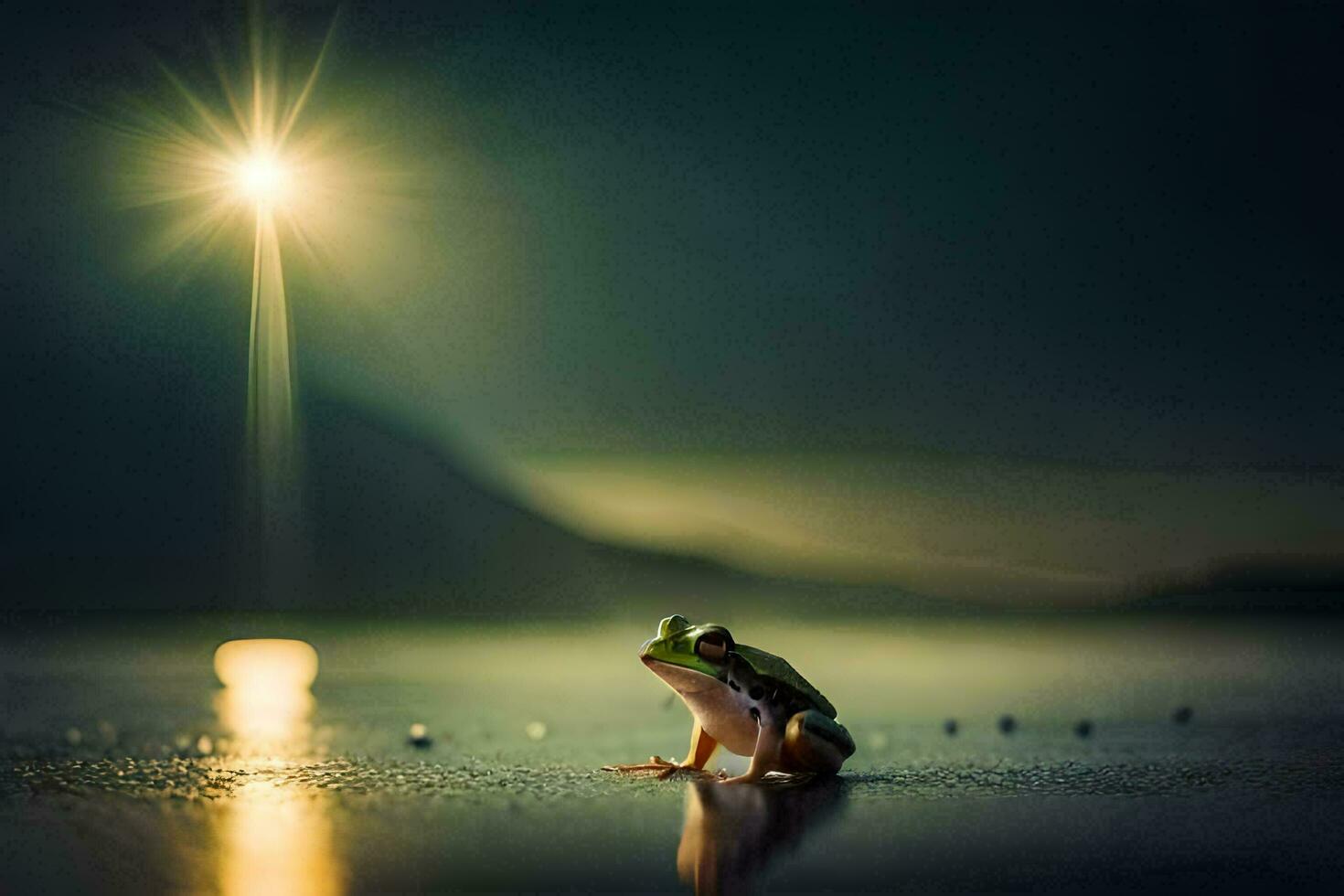 a frog sitting on the beach at night with a bright light shining in the background. AI-Generated photo