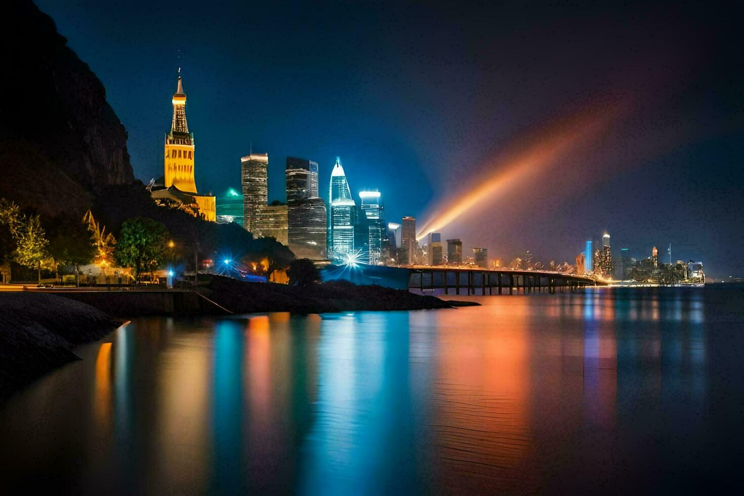 the city lights are reflected in the water at night. AI-Generated photo