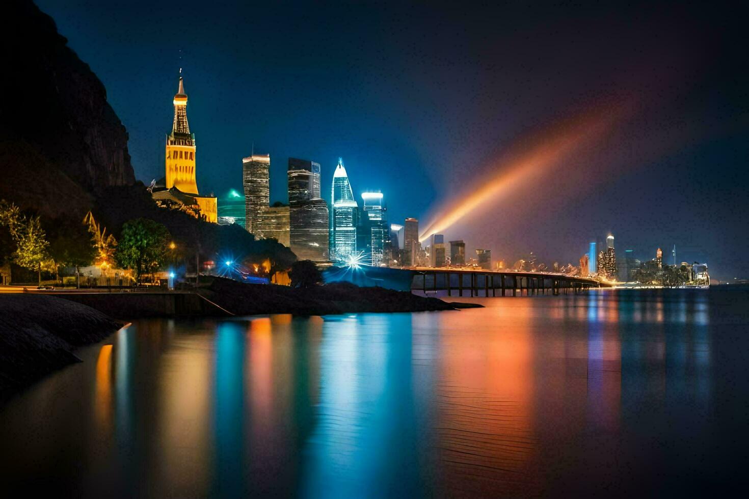 el ciudad luces son reflejado en el agua a noche. generado por ai foto