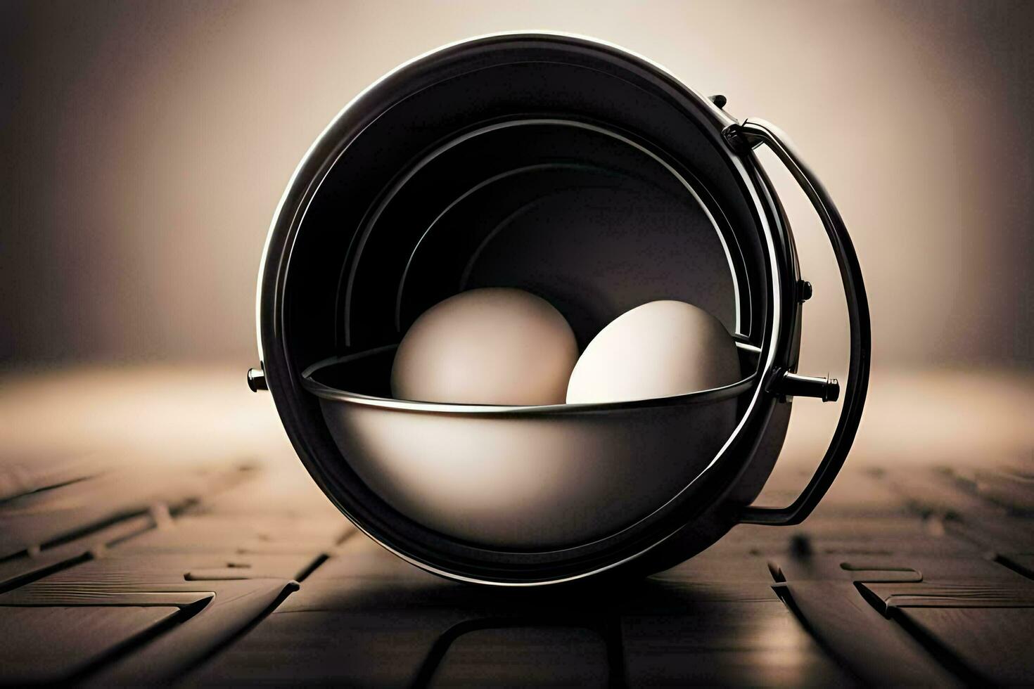 two eggs in a metal bowl on a table. AI-Generated photo