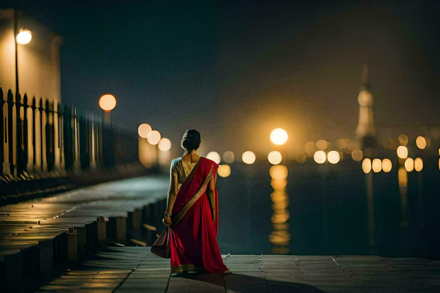 a woman in a red sari walks along a pier at night. AI-Generated photo