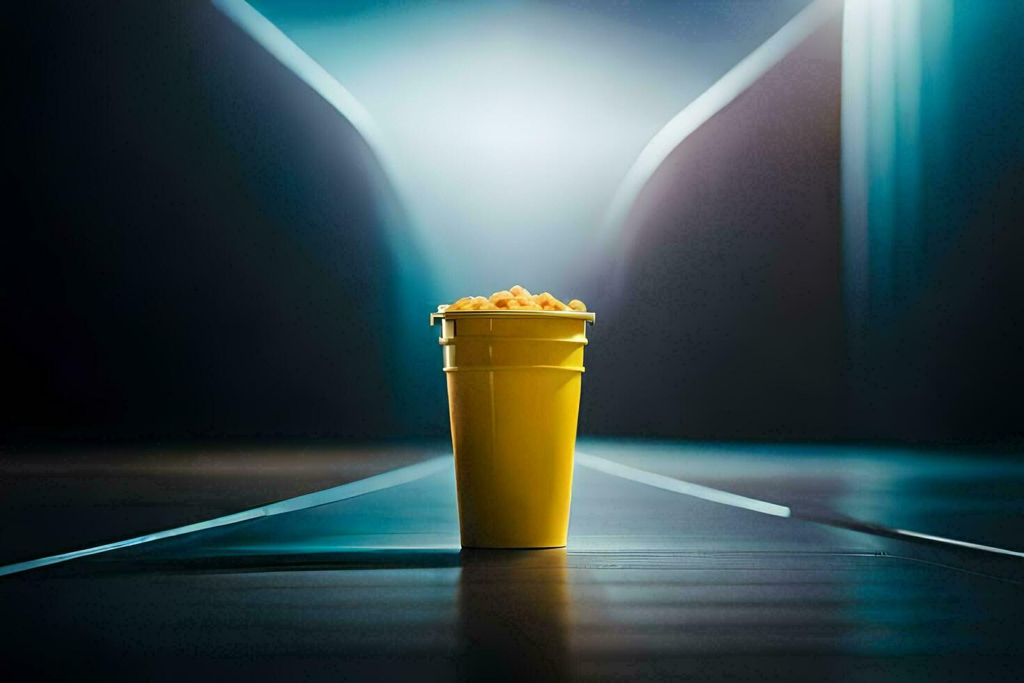 un amarillo taza sentado en un mesa en frente de un azul ligero. generado por ai foto