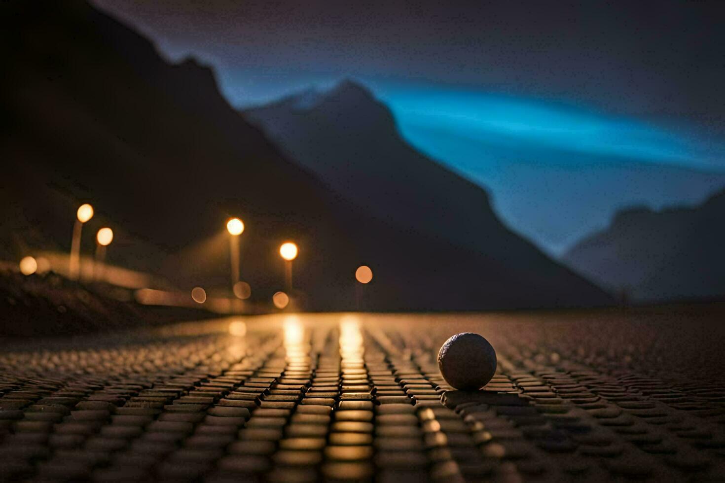 un pelota se sienta en el la carretera en frente de un montaña. generado por ai foto