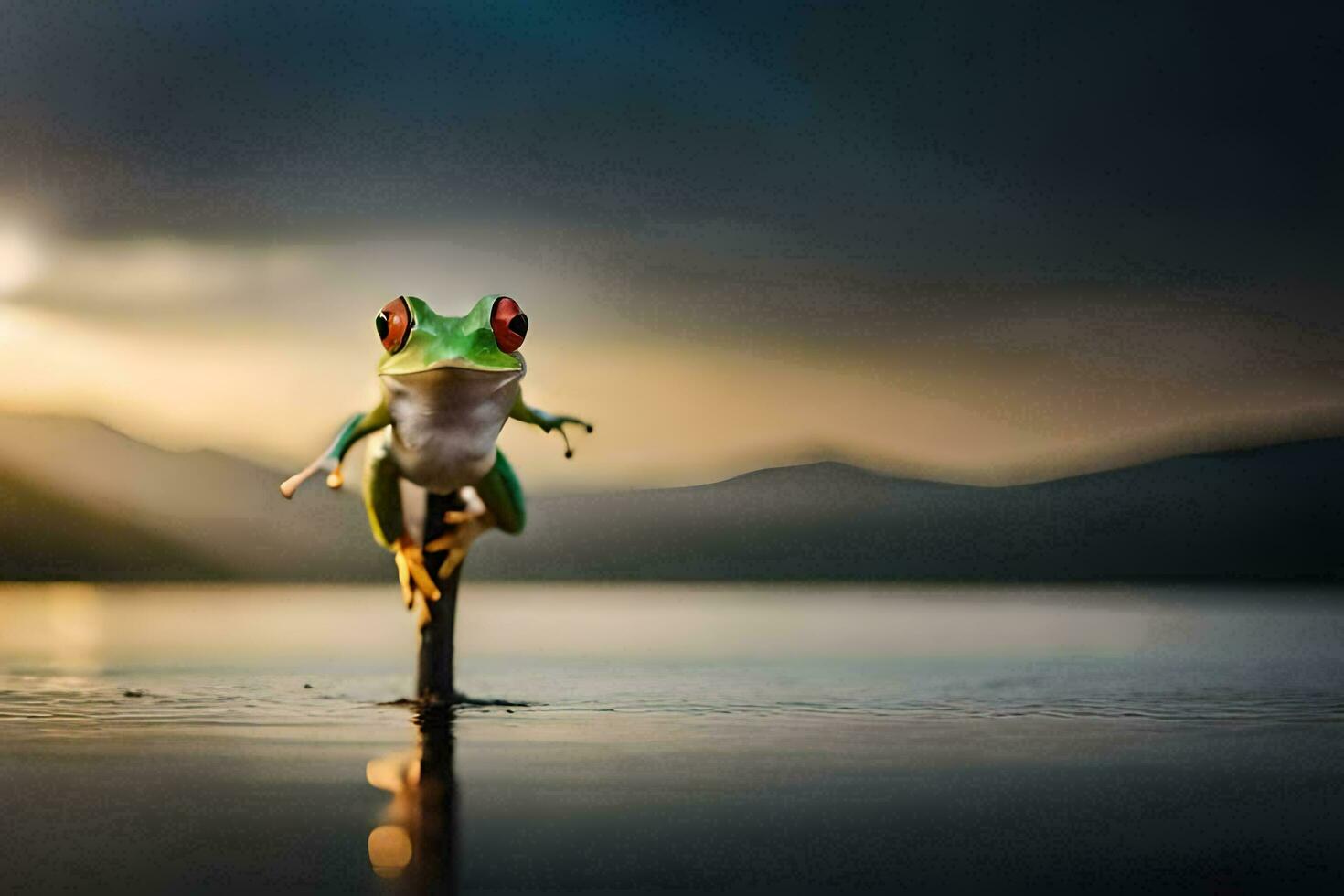 a frog is standing on a stick in the water. AI-Generated photo