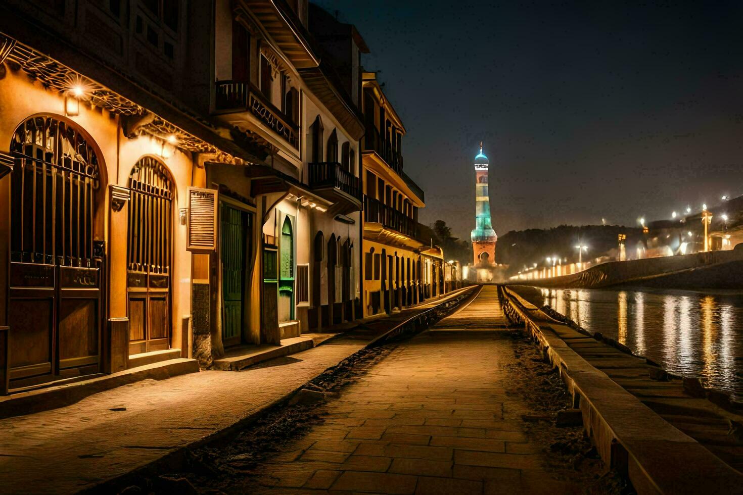 un largo caminar a lo largo el río a noche. generado por ai foto