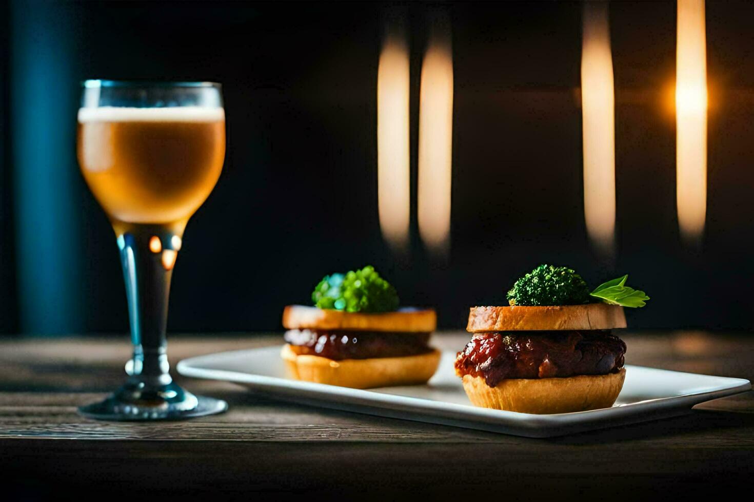 two mini sandwiches on a white plate with a glass of beer. AI-Generated photo