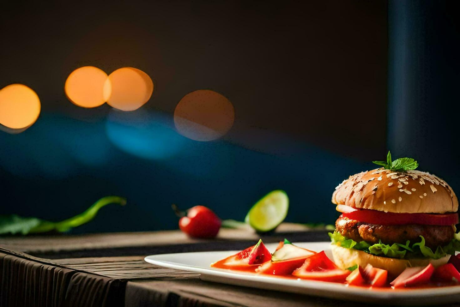 a hamburger with tomatoes and lettuce on a plate. AI-Generated photo