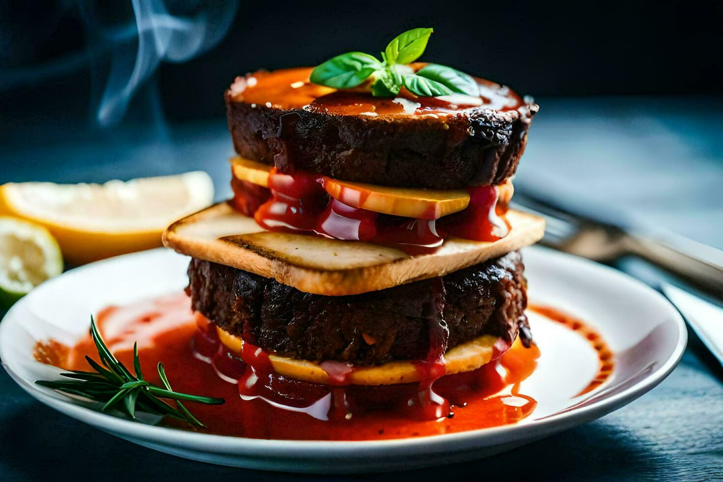 a stack of meat on a plate with sauce. AI-Generated photo