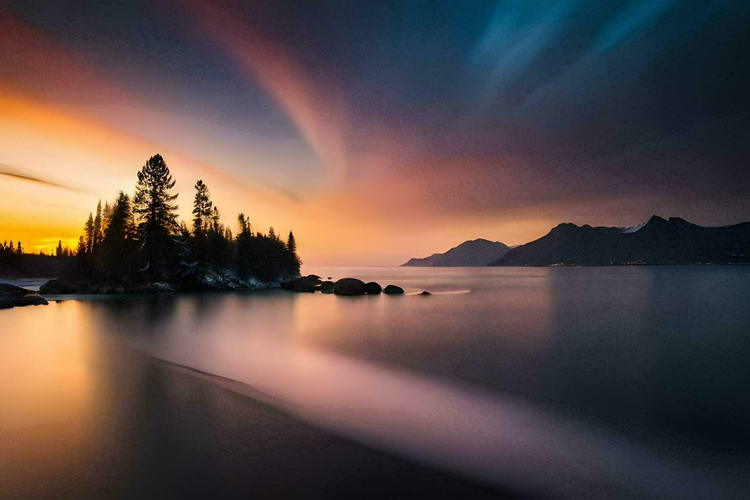 a long exposure photograph of a lake and trees at sunset. AI-Generated photo